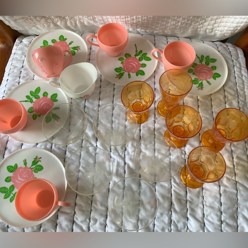 Vintage Mini Tea Cups Saucers Wine Water Goblet Pink Rose Orange Doll Drinks - Picture 2 of 7